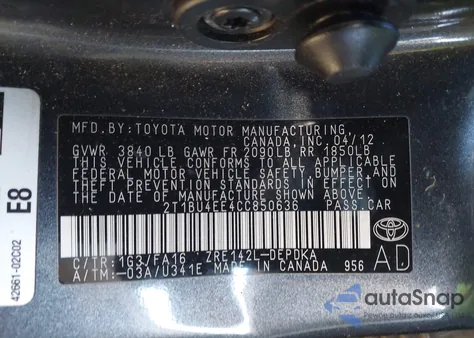 2012 Toyota Corolla L из США, поврежденный, VIN 2T1BU4EE4CC850636